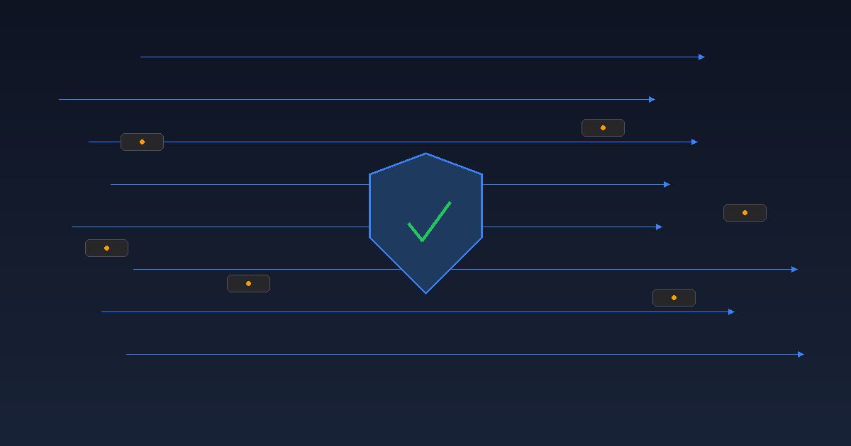 Illustration of a shield with a checkmark surrounded by DNS query flow lines