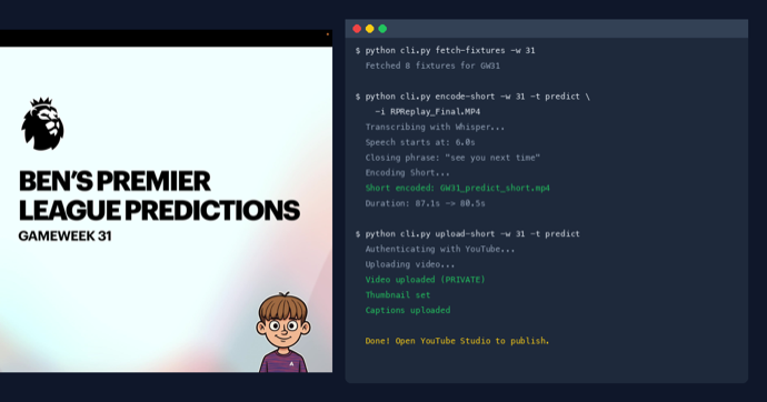 Terminal showing automated YouTube Shorts pipeline commands with fetch-fixtures, encode-short and upload-short output