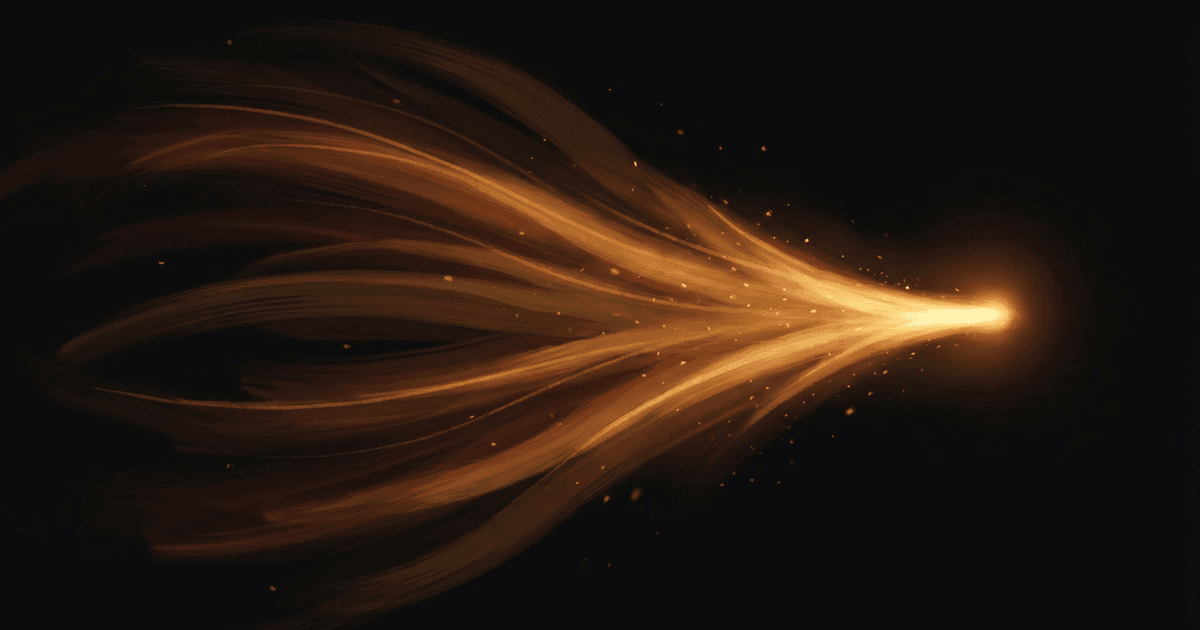 Strands of warm amber and orange light converging from the left into a single bright point on the right, against a near-black background