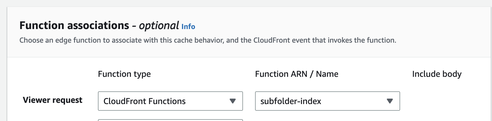 A screenshot demonstrating how to select the Cloudfront function as a Viewer request