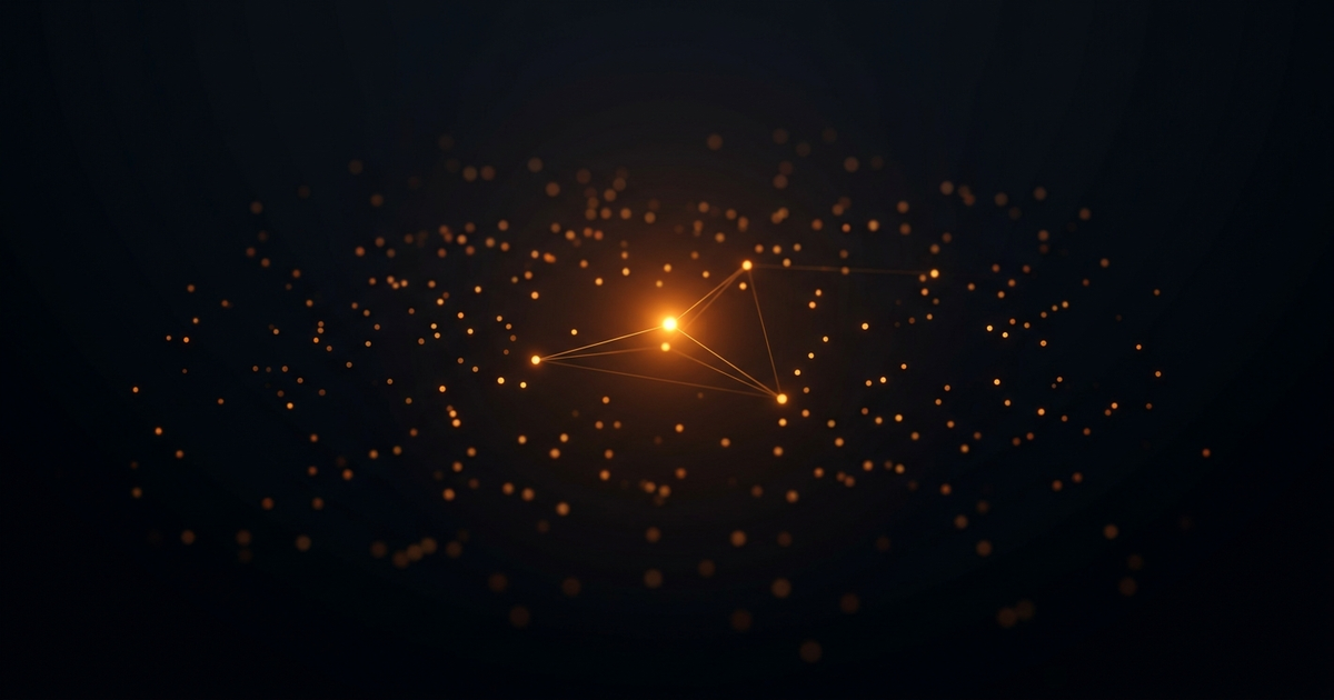 A scattered cloud of glowing amber points on a near-black background, with one bright point at the centre joined to its three closest neighbours by thin lines