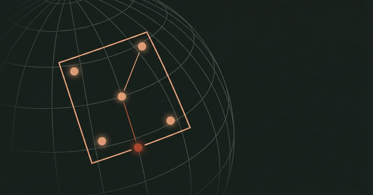 A wireframe globe graticule with a tilted square map cell laid over it, four copper points inside the cell and one brick-red point breaking its lower edge, a short measuring line running from the centre point to the red one and a longer line to a point inside