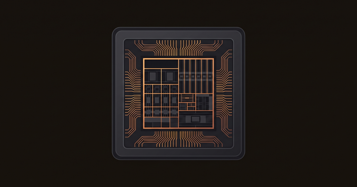 Minimal illustration of an Apple M-series-style silicon chip on a dark background, with amber circuit traces around a central core-grid die