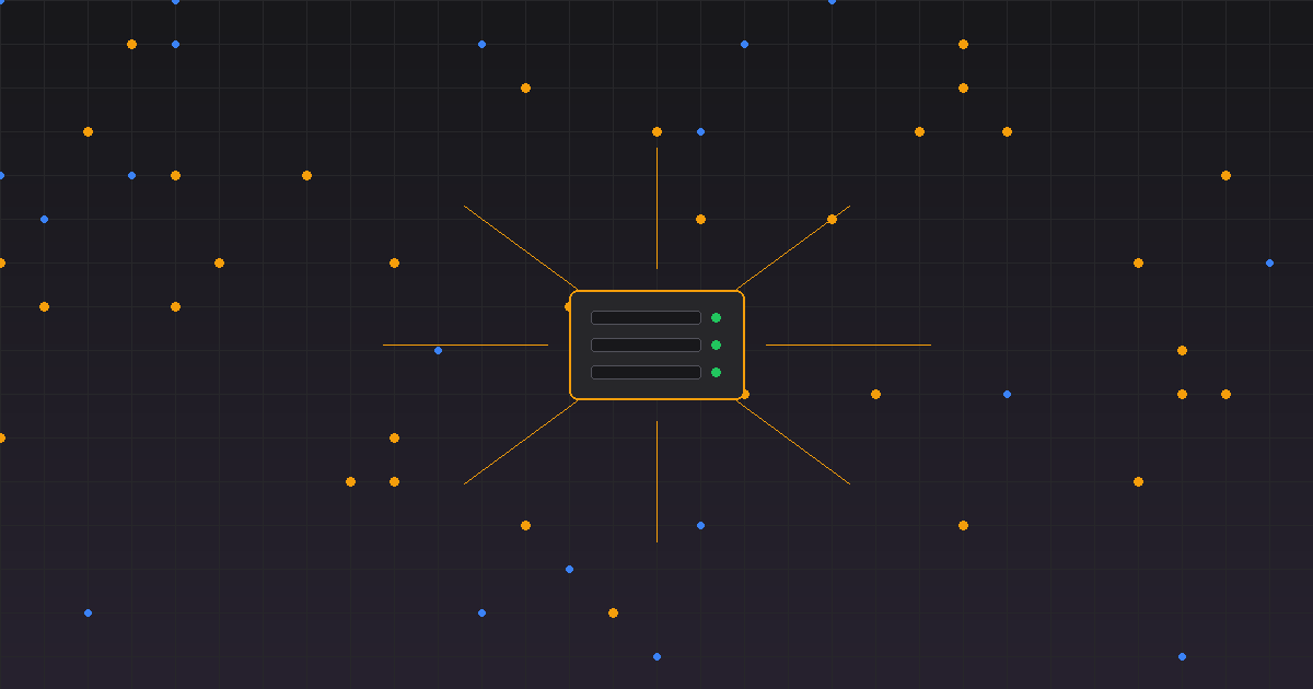 Illustration of a small server with radiating network connections on a dark grid background