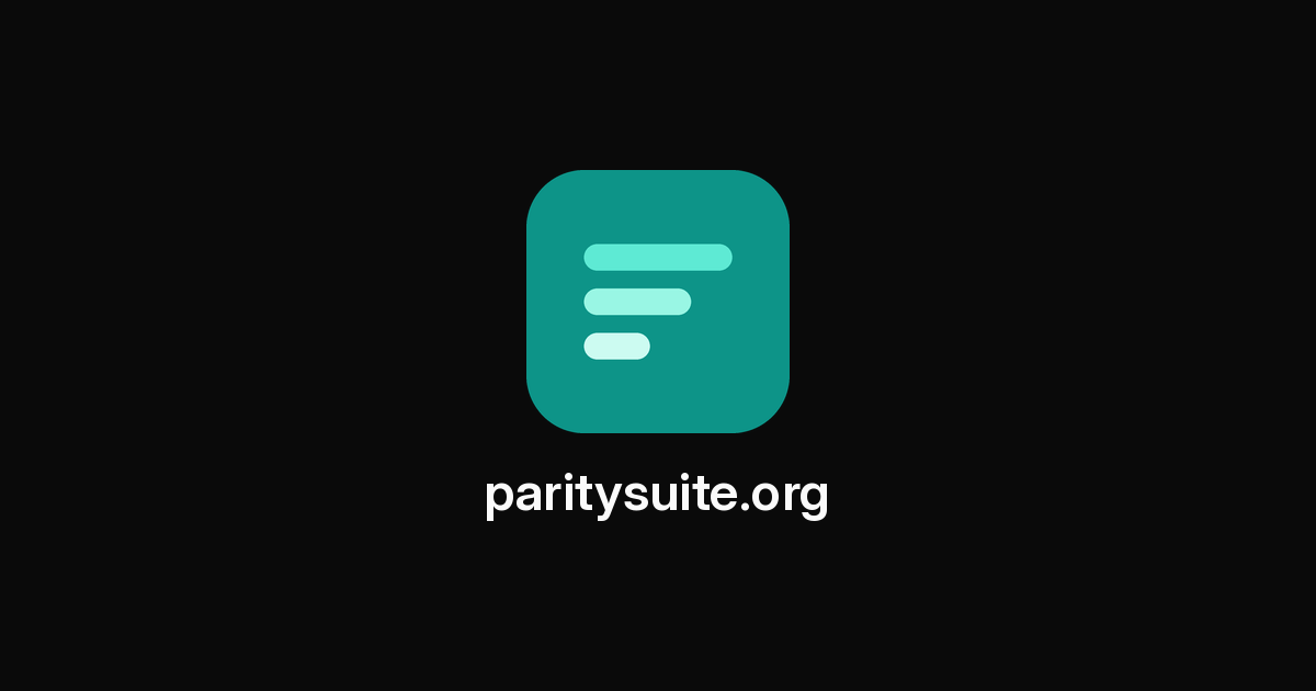 The teal Parity Suite logo centred on a near-black background, with the paritysuite.org wordmark in white beneath it