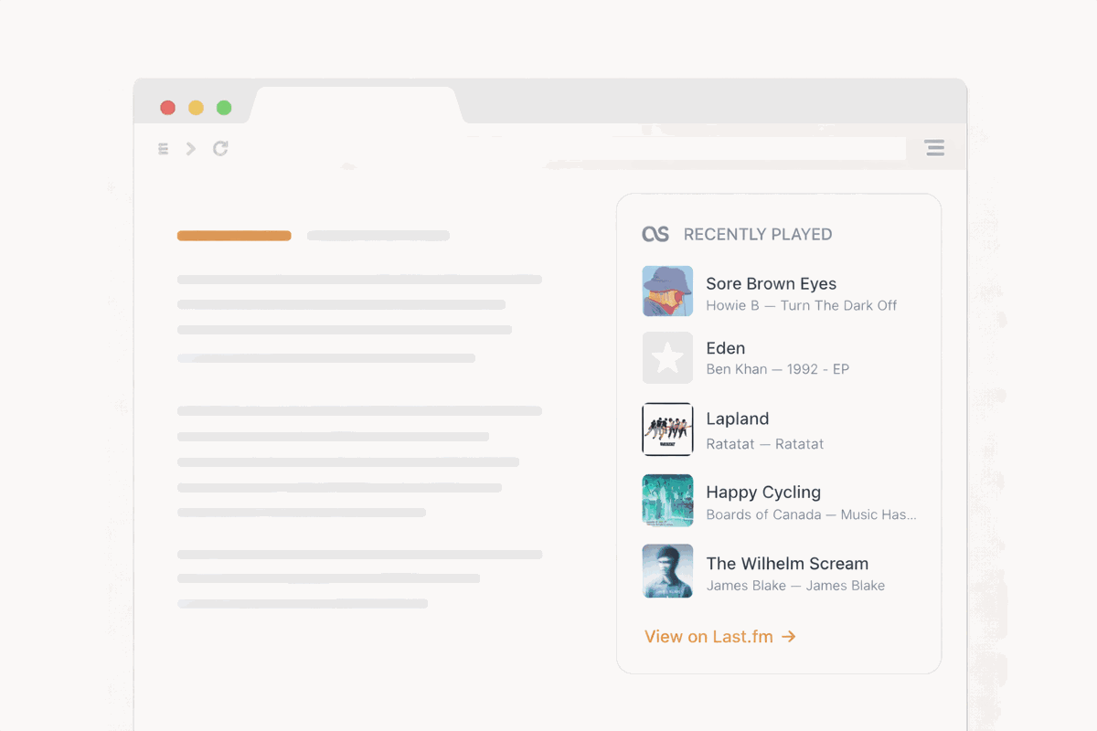 Browser mockup showing the Recently Played Last.fm widget with album artwork and track listings