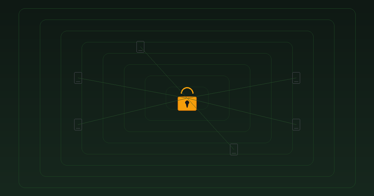 Illustration of a lock surrounded by device icons connected through a VPN tunnel
